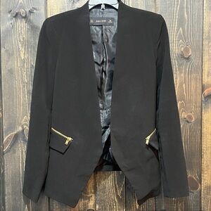 Zara Basic Open Blazer Jacket S Black Gold Zippers Pockets Neutral Office City